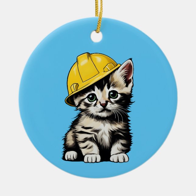 Construction Cat Ceramic Tree Decoration (Front)