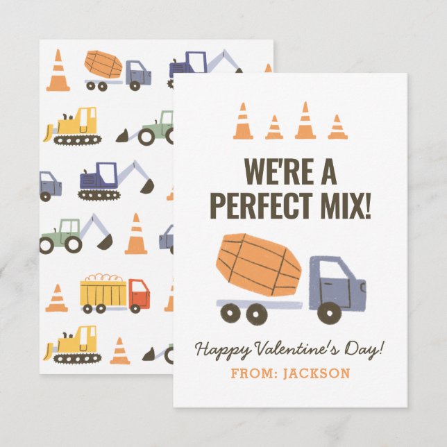 Construction Cement Mixer Kids Classroom Valentine Card (Front/Back)