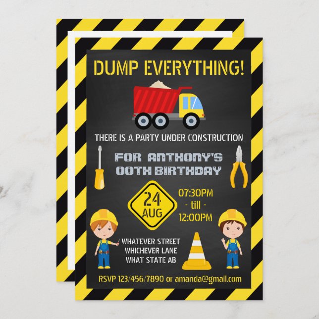 Construction Chalkboard Birthday Party photo Invitation (Front/Back)