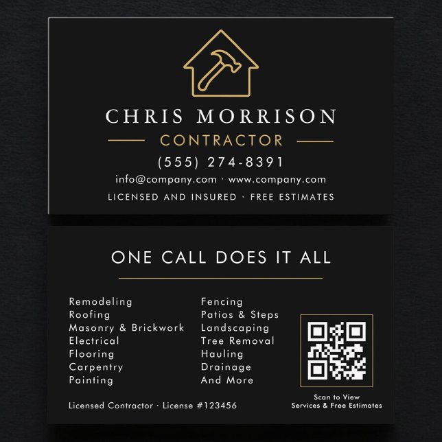 Construction Company Black Gold QR Code Business Card (Creator Uploaded)