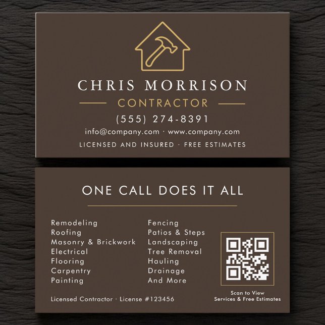 Construction Company Brown Gold QR Code Business Card (Creator Uploaded)