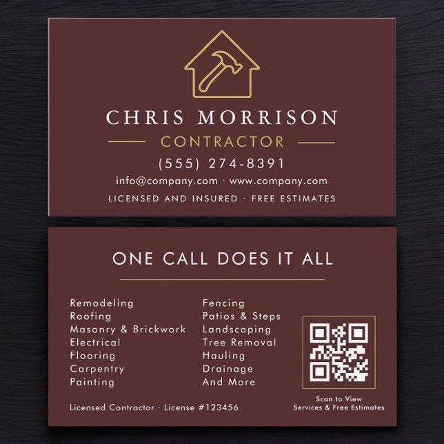 Construction Company Burgundy Gold QR Code Business Card (Creator Uploaded)