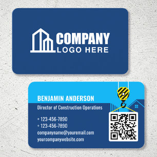 Construction Company Logo QR Code Navy Blue Business Card