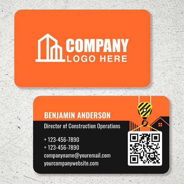 Construction Company Logo QR Code Orange Business Card (Creator Uploaded)