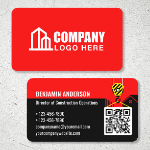 Construction Company Logo QR Code Red Business Card