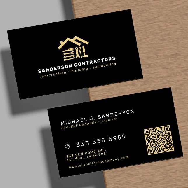 Construction company modern gold black QR code Business Card (Creator Uploaded)