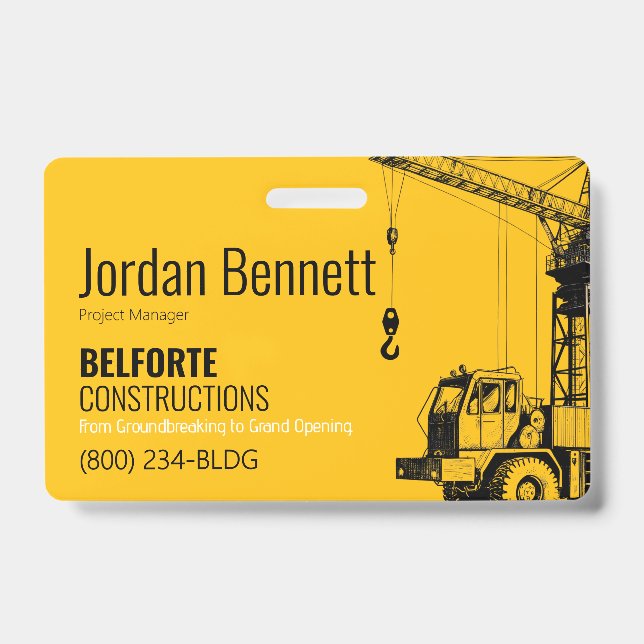 Construction Company, Yellow & Black Crane Design  ID Badge (Front)