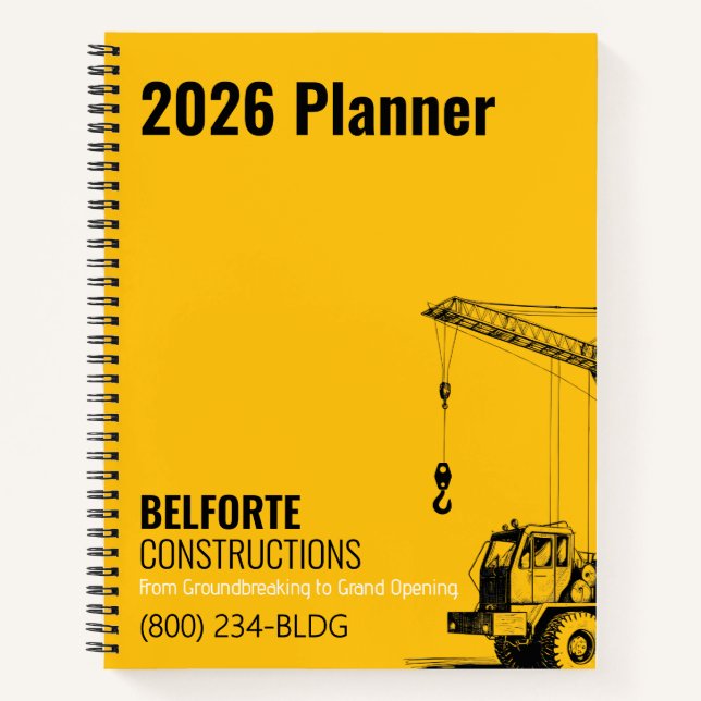 Construction Company, Yellow & Black Crane Design  Notebook (Front)