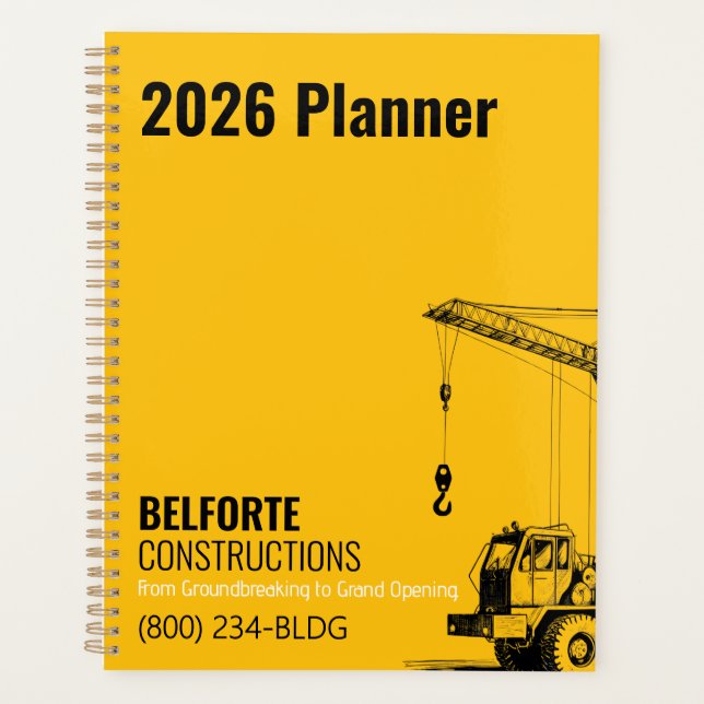 Construction Company, Yellow & Black Crane Design  Planner (Front)