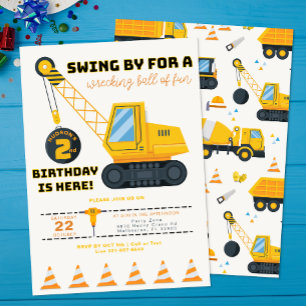 Construction Crane 2nd Birthday Party Invitation