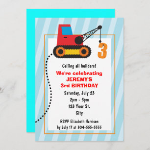 Construction Crane 3rd Birthday Invitation