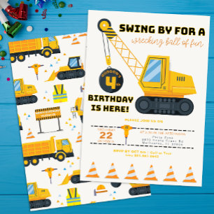 Construction Crane 4th Birthday Party Invitation