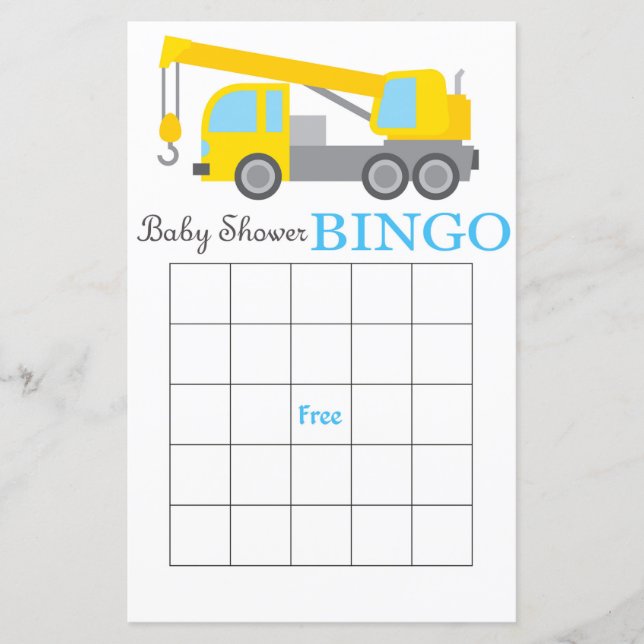 Construction crane baby shower bingo card (Front)