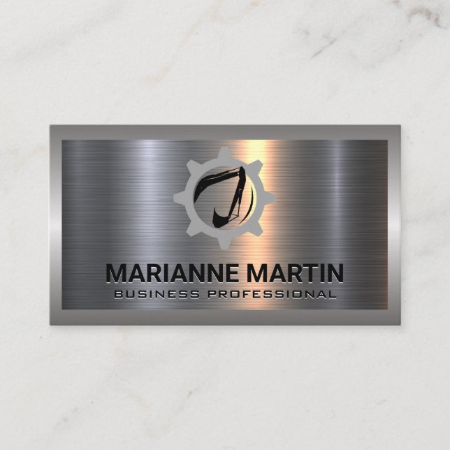 Construction Crane | Metal Aluminium Silver Brushe Business Card (Front)