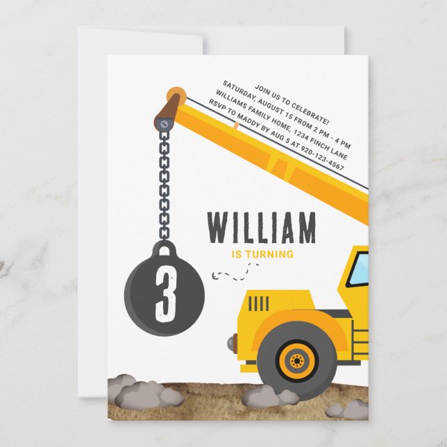 Construction Crane Vehicle Birthday Party Invitation (Front)