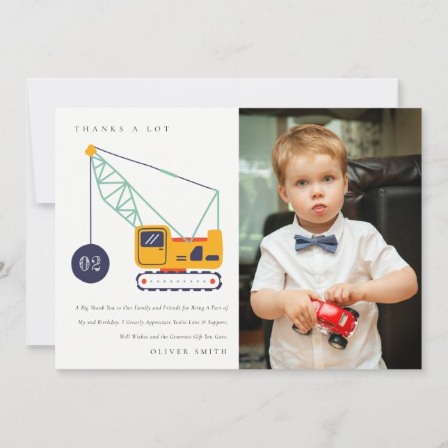 Construction Crane Vehicle Photo Any Age Birthday Thank You Card (Front)