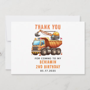 Construction Crew Dump Truck 2nd Birthday Thank You Card