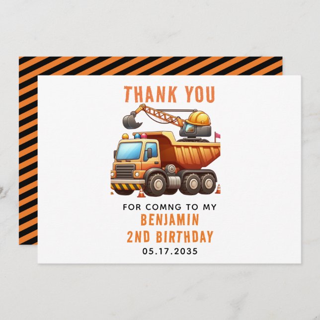 Construction Crew Dump Truck 2nd Birthday Thank You Card (Front/Back)