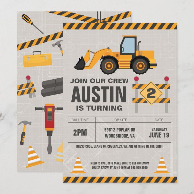 Construction Crew Kids Birthday Party Invitation (Front/Back)