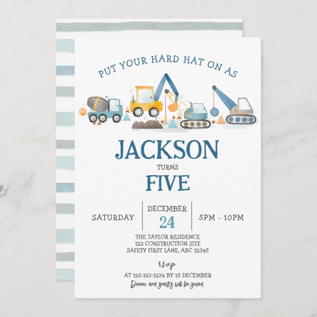 Construction Digger Boy Birthday Party Invitation (Front/Back)