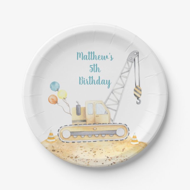 Construction Digger Dump Truck Birthday Paper Plate (Front)