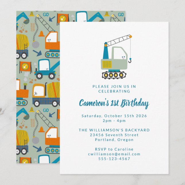 Construction Digger Trucks Blue 1st Birthday Party Invitation (Front/Back)