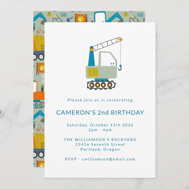 Construction Digger Trucks Blue 2nd Birthday Party Invitation (Front/Back)