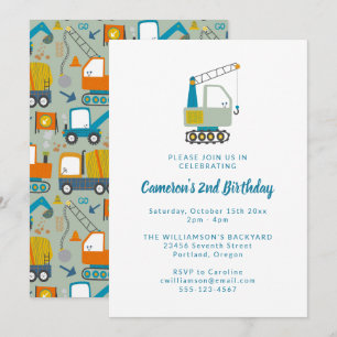 Construction Digger Trucks Blue 2nd Birthday Party Invitation