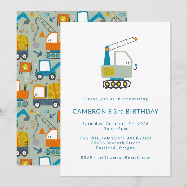 Construction Digger Trucks Blue 3rd Birthday Party Invitation (Front/Back)