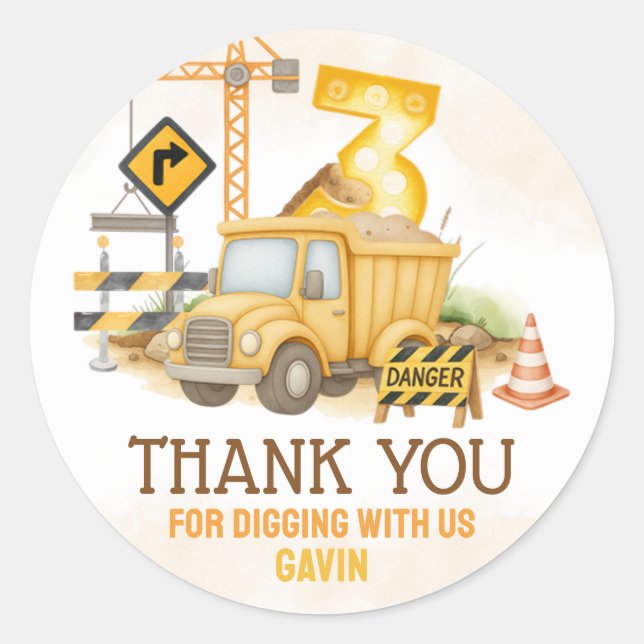 Construction Digging It 3rd Birthday Party Classic Round Sticker (Front)