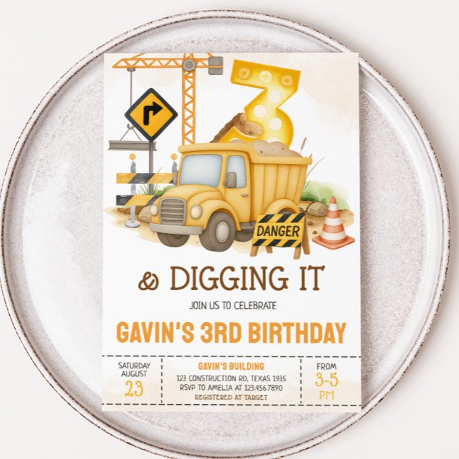Construction Digging It 3rd Birthday Party Invitation (3 and Digging It Contruction Birthday Party Invitation)