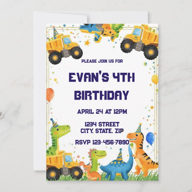 Construction Dinosaur Birthday Invitation Dump (Front)