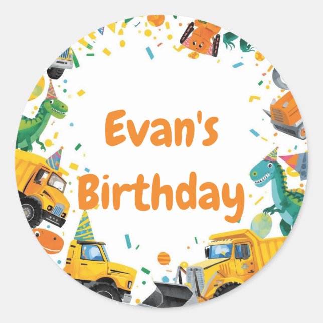 Construction Dinosaur Birthday Party Classic Round Sticker (Front)