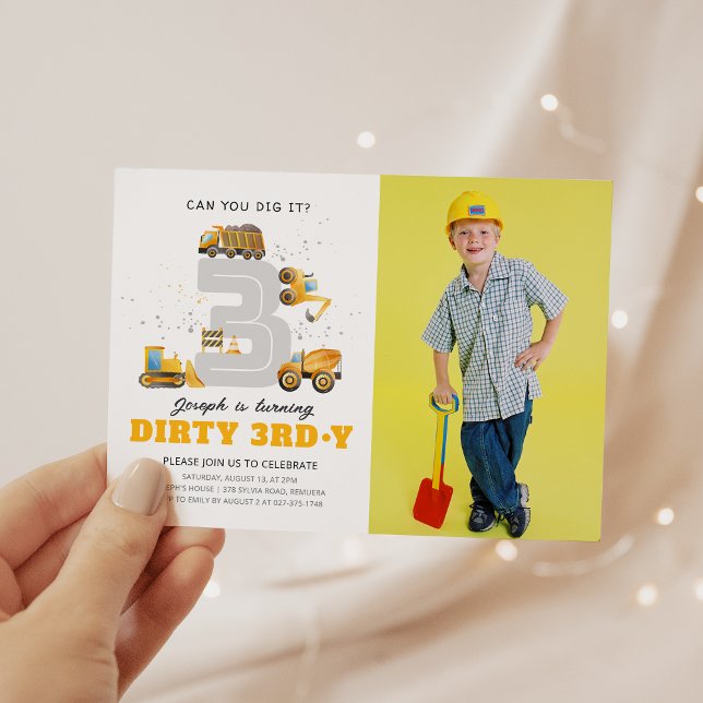 Construction Dirty 3rdy Birthday Photo Invitation (Creator Uploaded)