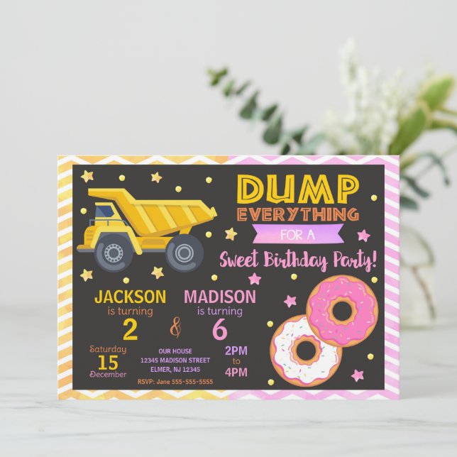 Construction & Donuts Joint Birthday Invitation (Standing Front)