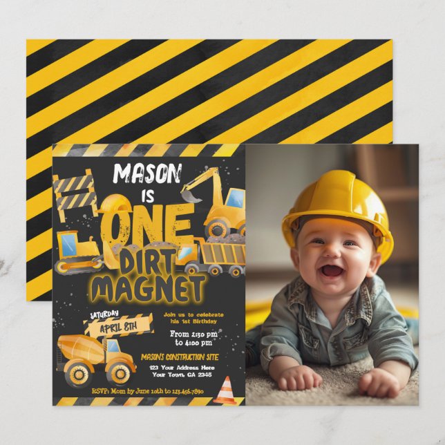 Construction, Dump Truck 1st Birthday Invitation (Front/Back)