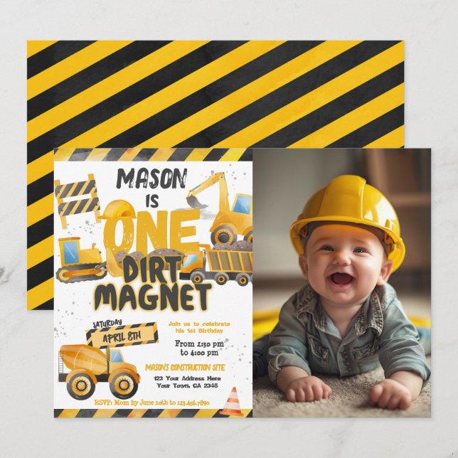 Construction, Dump Truck 1st Birthday Invitation (Front/Back)