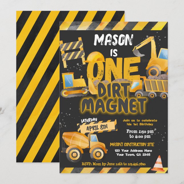 Construction, Dump Truck 1st Birthday Invitation (Front/Back)