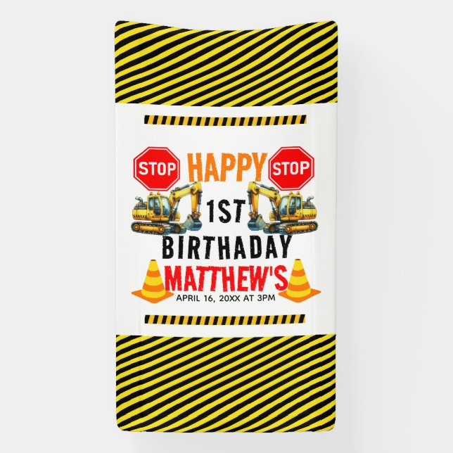 Construction Dump Truck 1st Birthday Party Banner (Vertical)
