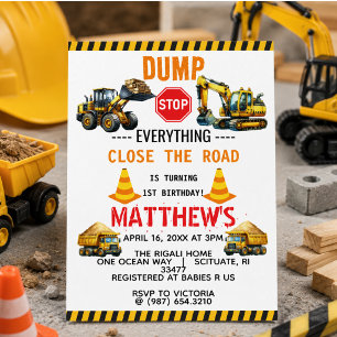 Construction Dump Truck 1st Birthday Party Invitation