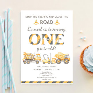 Construction Dump Truck 1st Boys First Birthday Invitation