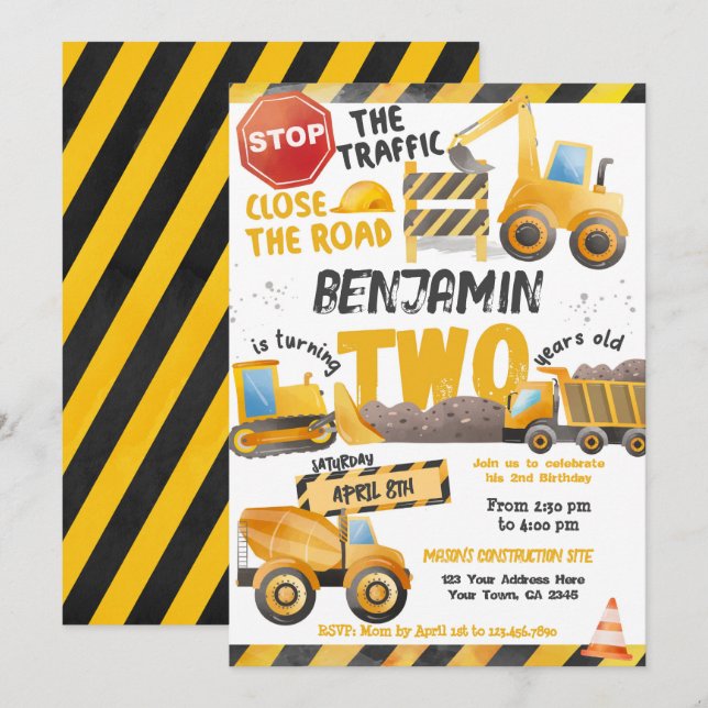 Construction, Dump Truck 2nd Birthday Invitation (Front/Back)