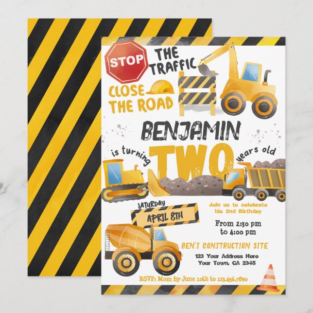 Construction, Dump Truck 2nd Birthday Invitation (Front/Back)