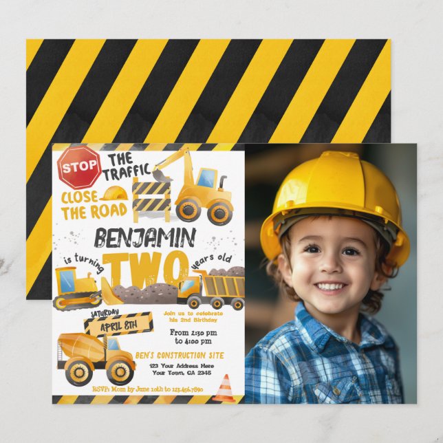 Construction, Dump Truck 2nd Birthday Invitation (Front/Back)