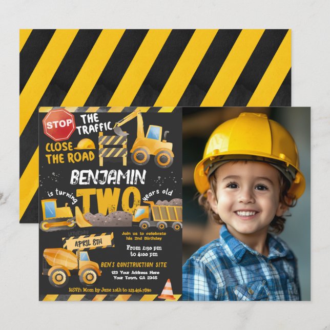 Construction, Dump Truck 2nd Birthday Invitation (Front/Back)