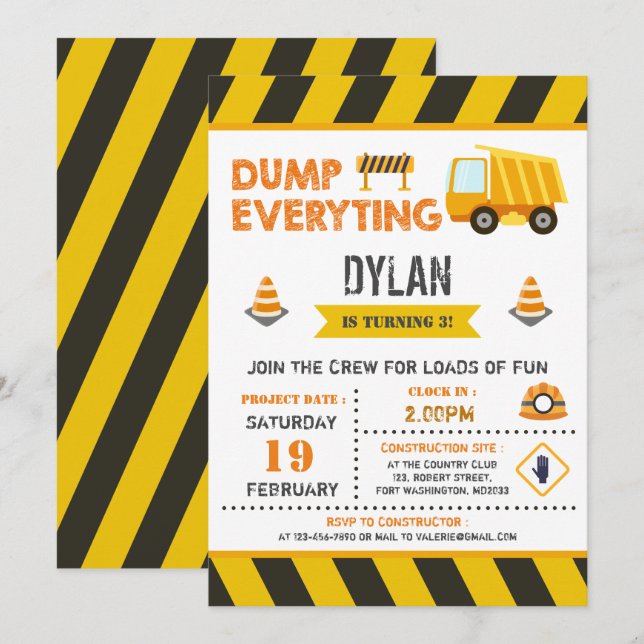 Construction Dump Truck Birthday Invitation (Front/Back)