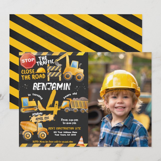 Construction, Dump Truck Birthday Invitation (Front/Back)