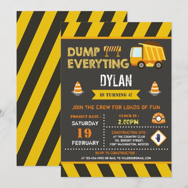 Construction Dump Truck Birthday Invitation (Front/Back)