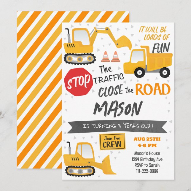 Construction Dump Truck Birthday Invitation (Front/Back)