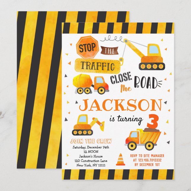 Construction Dump Truck Birthday Invitations (Front/Back)